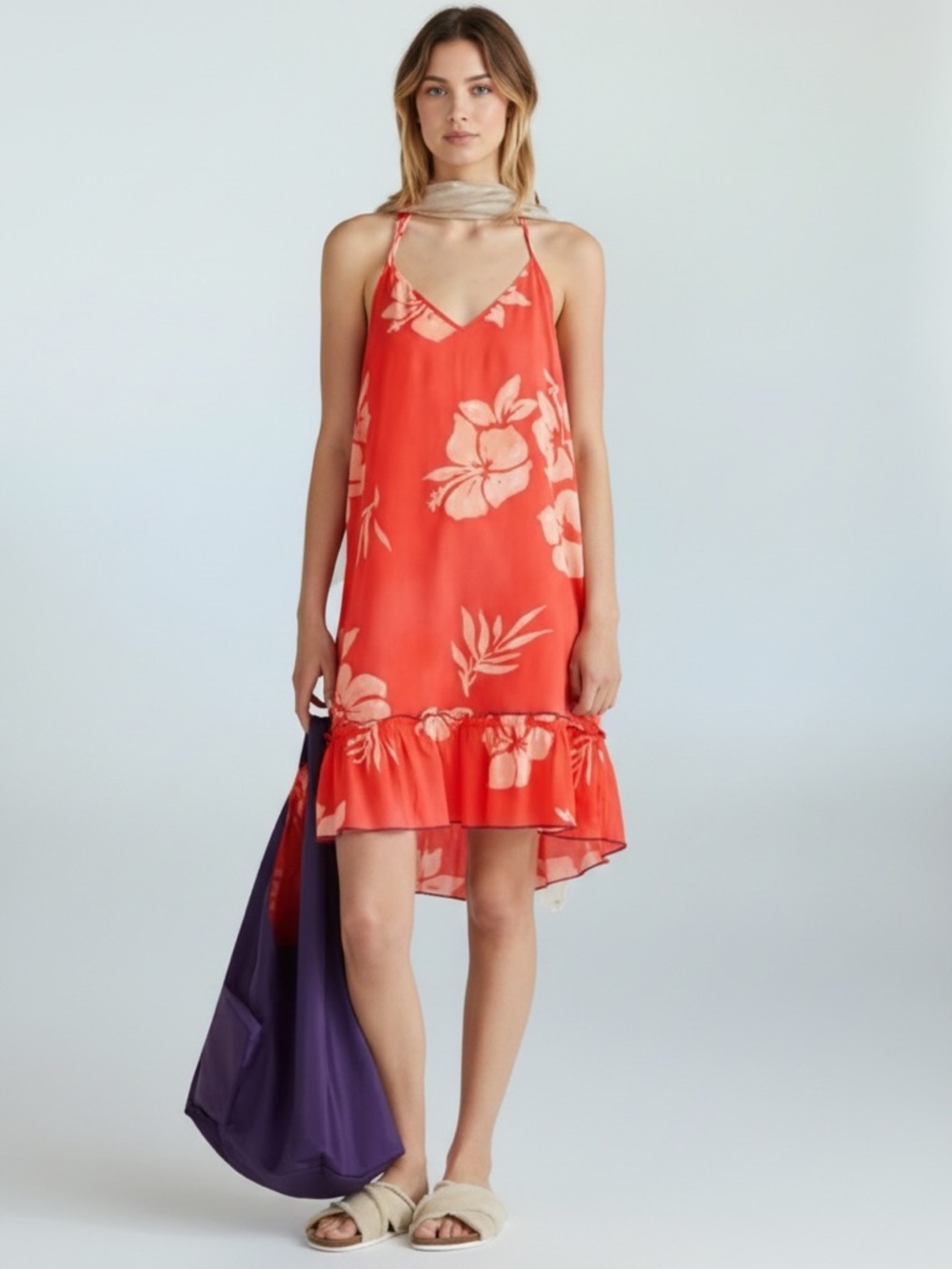 United Colors of Benetton Hibiscus Floral Beach Dress Orange Red V-Neck NWT